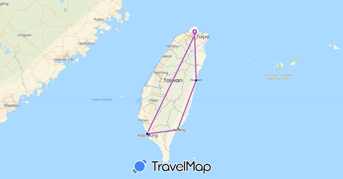 TravelMap itinerary: driving, bus, cycling, train, hiking in Taiwan (Asia)